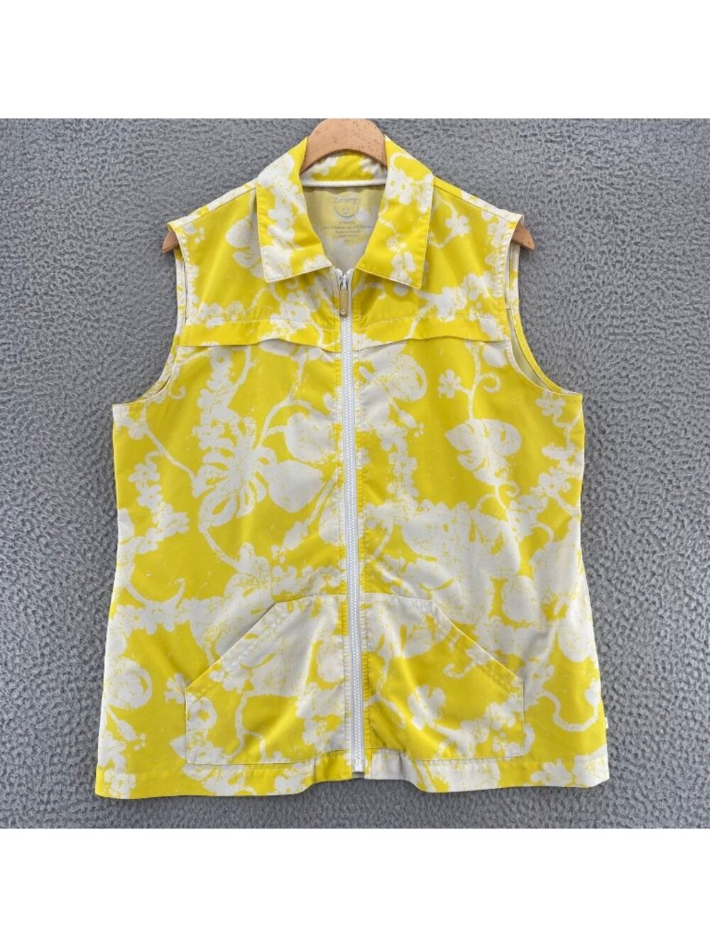 Chicos Vest Womens 2 US Large Zenergy Yellow Floral Leaf Zip Sleeveless Pockets